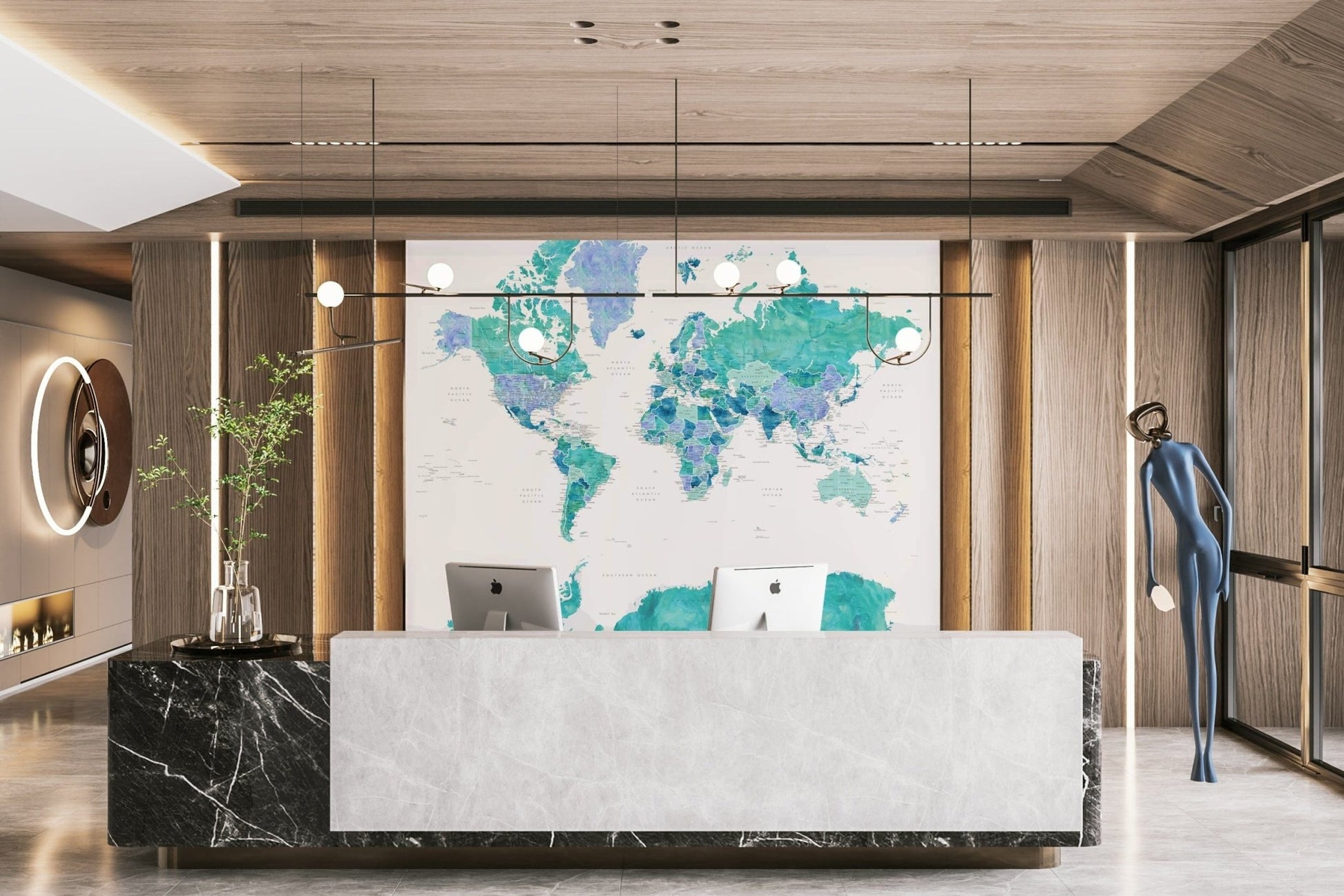 Turquoise map wallpaper with soft tones

