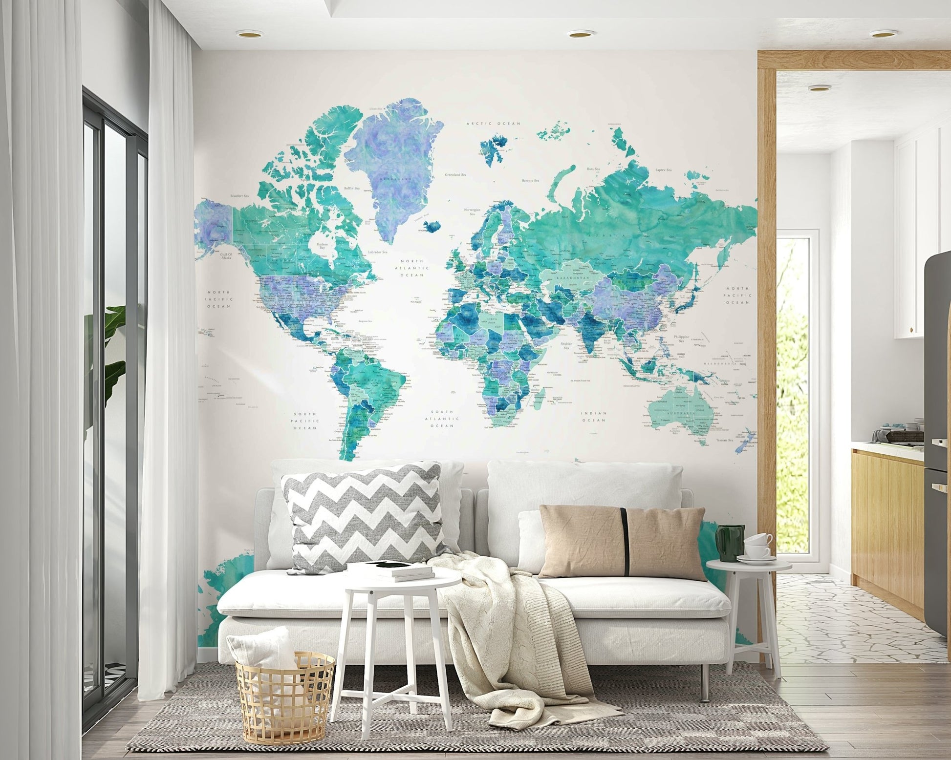 Blue-green watercolor world map wallpaper

