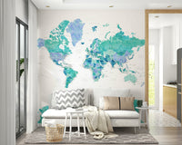 Blue-green watercolor world map wallpaper

