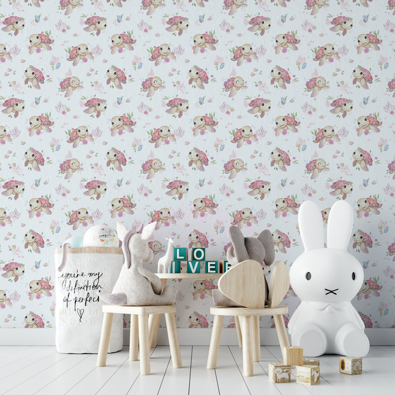 Playful turtle design wallpaper for nursery

