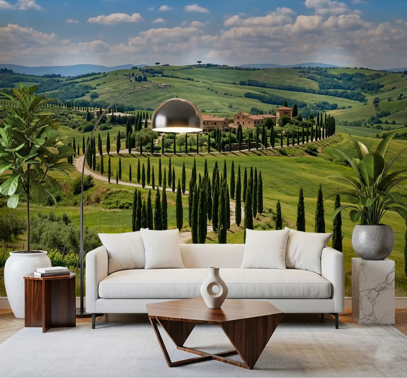 Rolling green hills open up the living room through a Tuscan Cypress Serenity wall mural