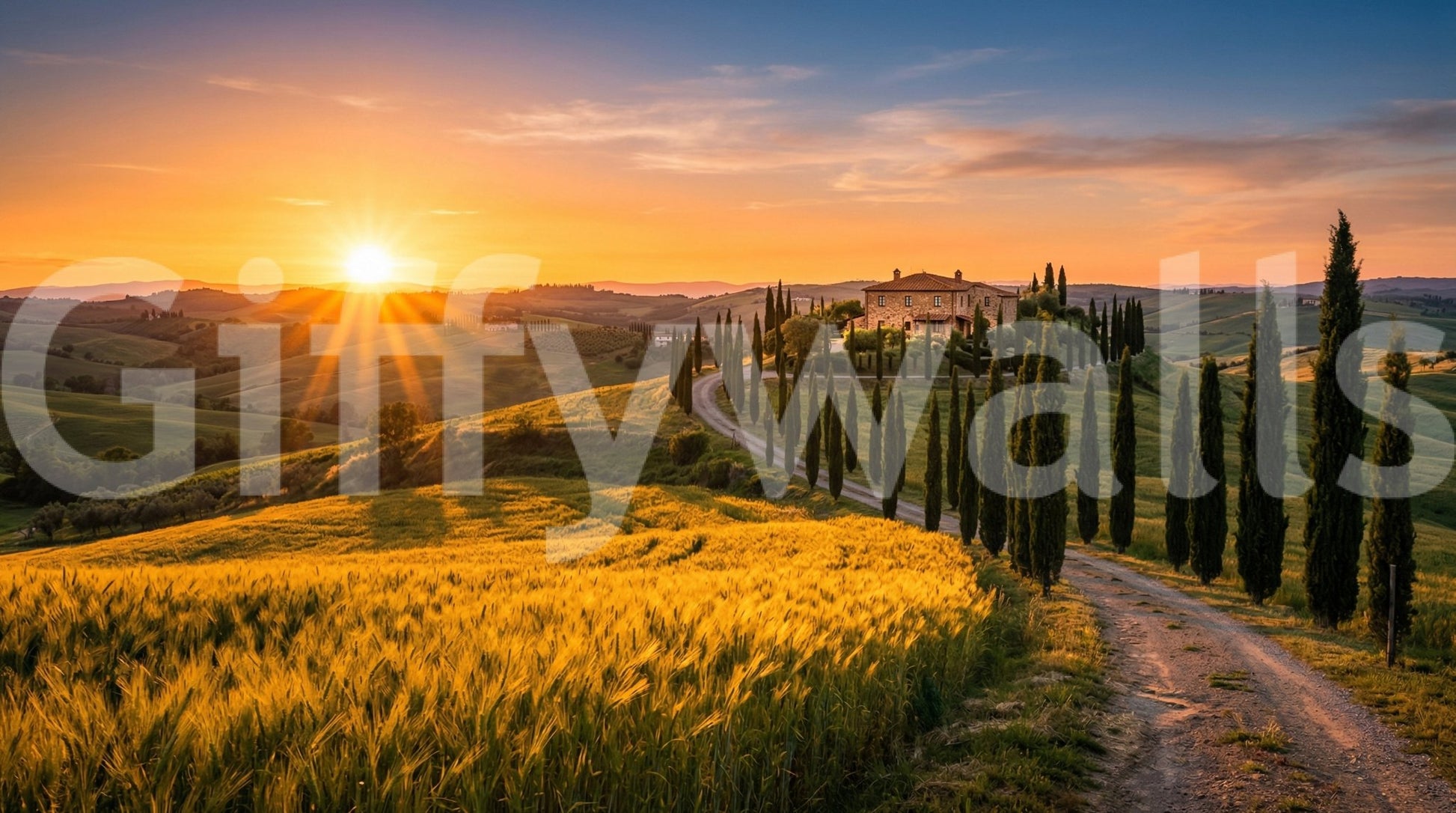 Rustic house and path shown in Tuscan Golden Hour wall mural, GD9223