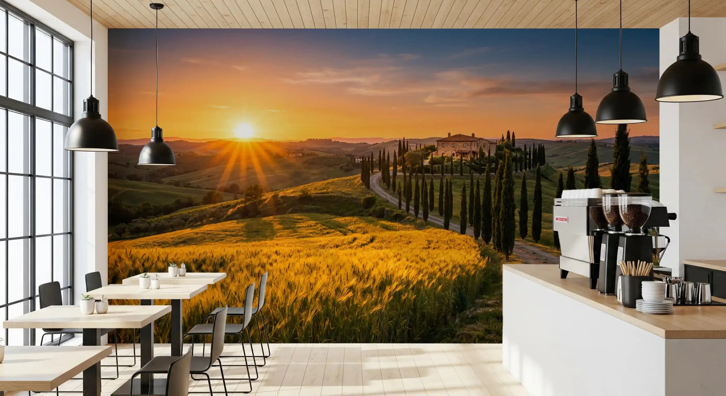 Sunset light spreads across Tuscan Golden Hour wall mural hills, GD9223