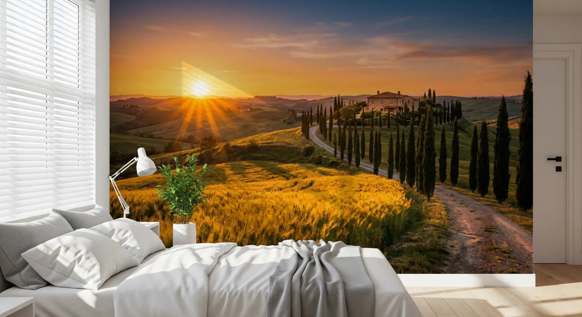 Bedroom shows Tuscan Golden Hour wall mural with cypress path, GD9223