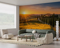 Office room features Tuscan Golden Hour wall mural sunset scene, GD9223