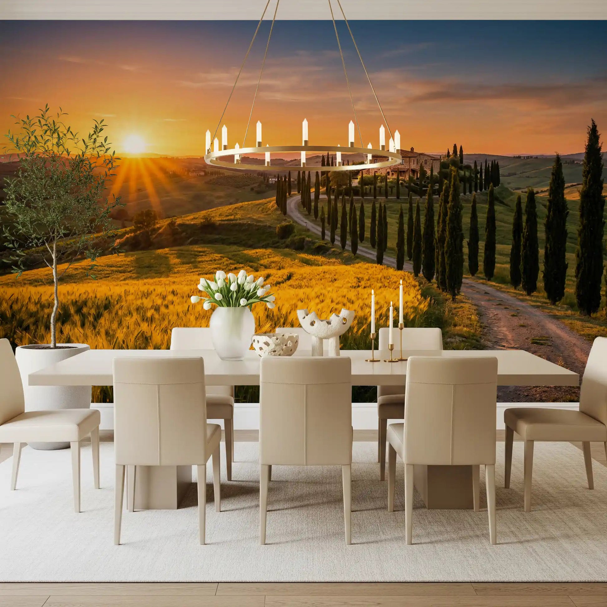 Dining room styled using Tuscan Golden Hour wall mural countryside, GD9223