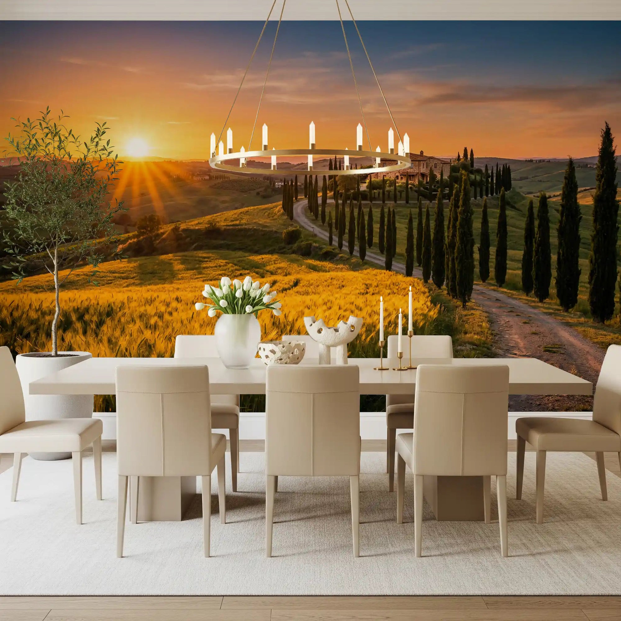 Dining room styled using Tuscan Golden Hour wall mural countryside, GD9223