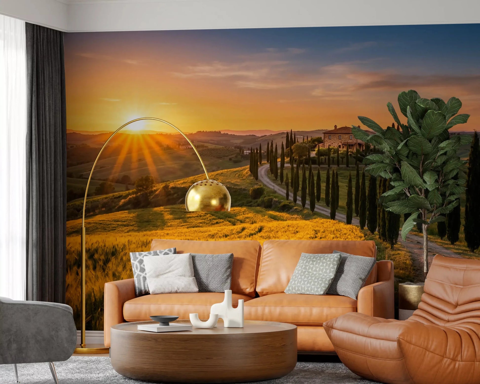 Living room styled with Tuscan Golden Hour wall mural field view, GD9223