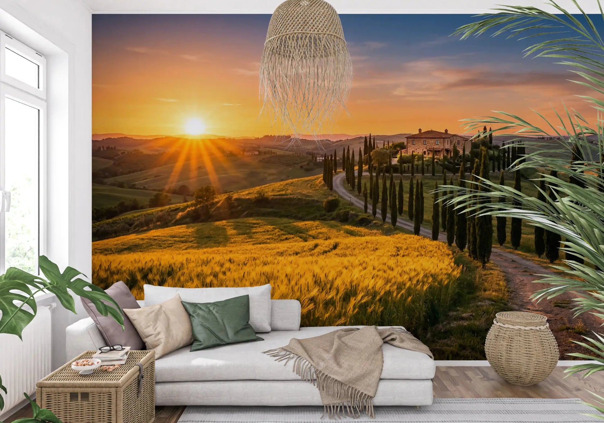 Winding path leads through Tuscan Golden Hour wall mural scene, GD9223