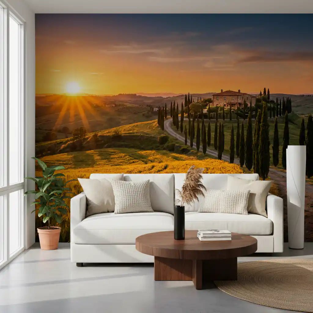 Rolling hills and trees shape Tuscan Golden Hour wall mural, GD9223