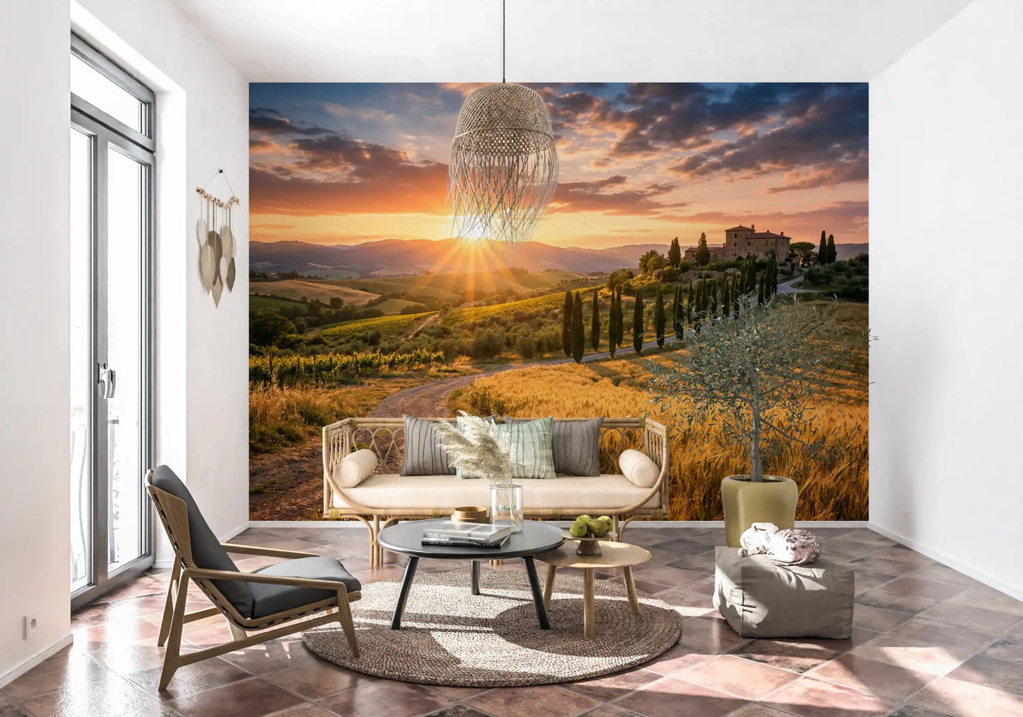 Living room styled with Tuscan Golden Hour wall mural sunset view, GD9221