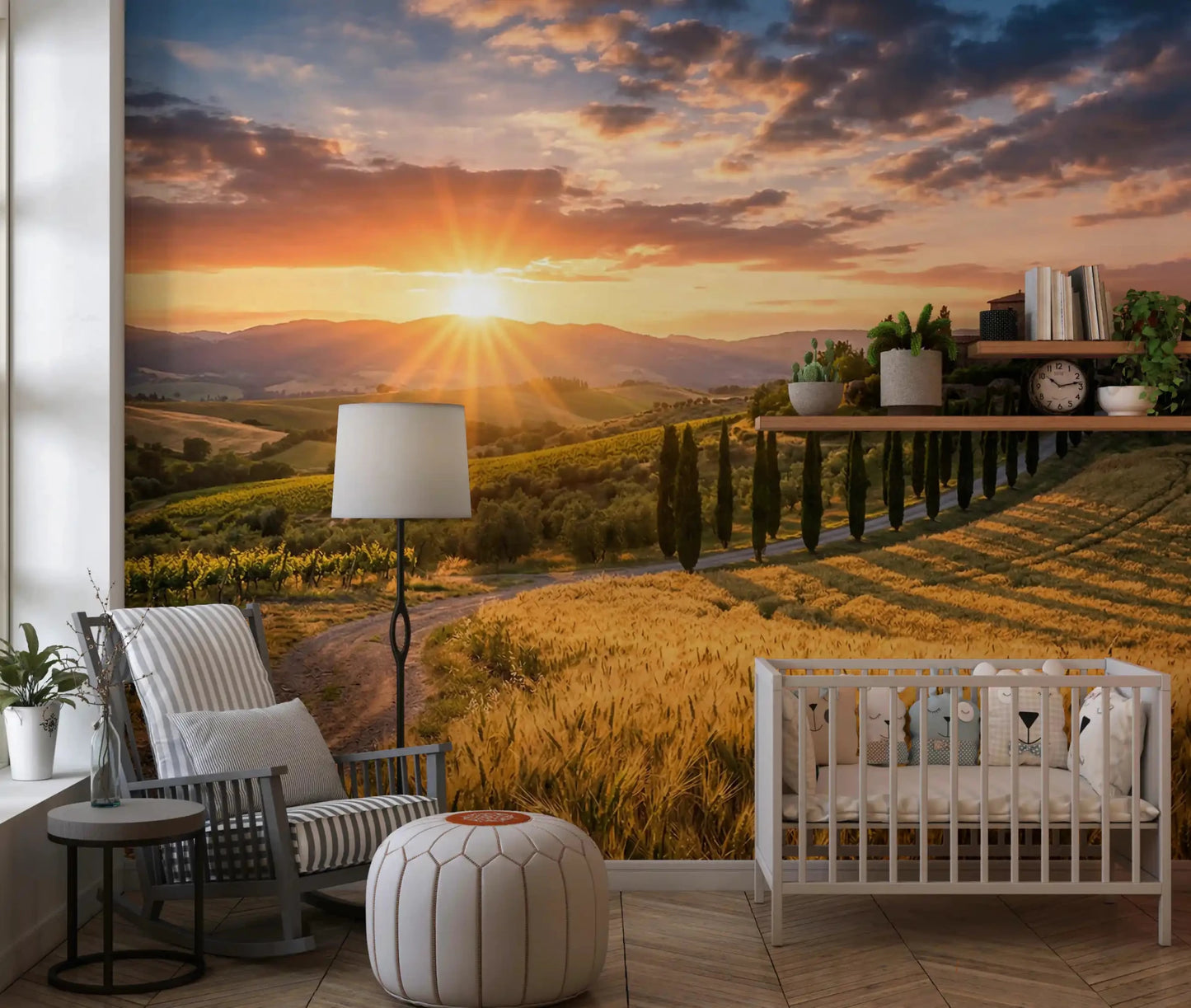 Golden fields stretch across Tuscan Golden Hour wall mural view, GD9221