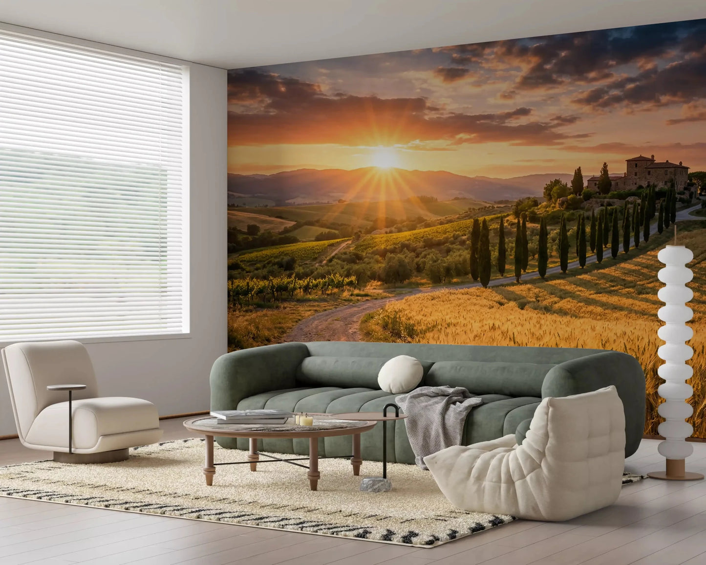 Winding path leads through Tuscan Golden Hour wall mural scene, GD9221