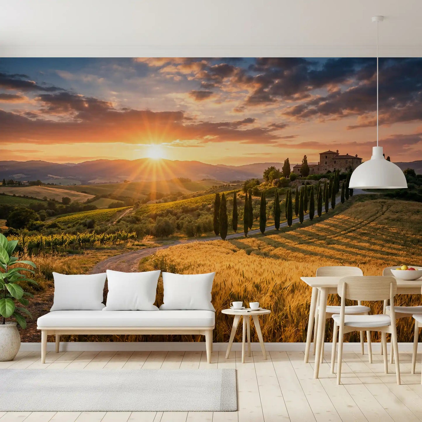 Dining room features Tuscan Golden Hour wall mural sunset fields, GD9221