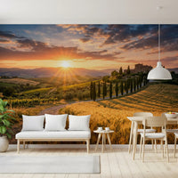 Dining room features Tuscan Golden Hour wall mural sunset fields, GD9221