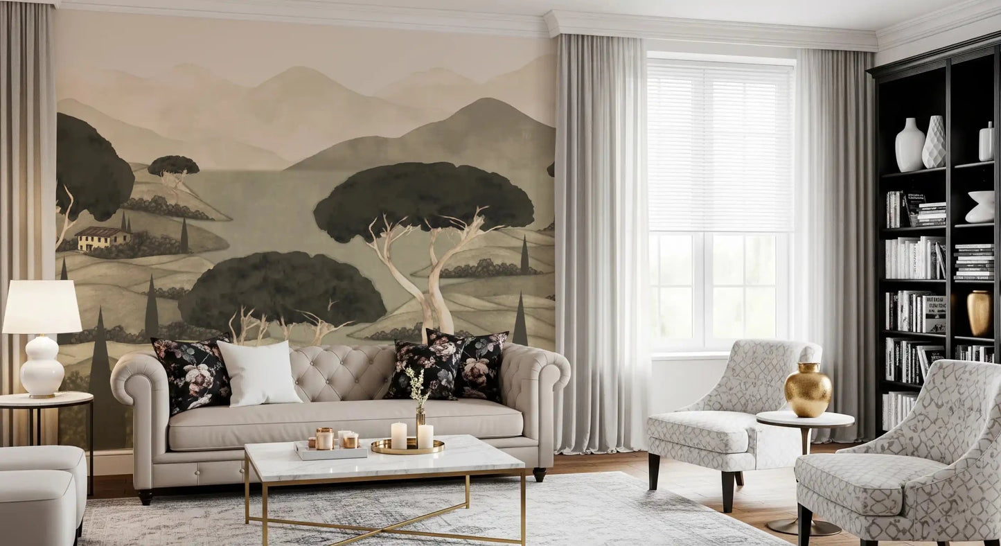 Hallway scene uses hillside vista wall mural in muted beige tones, GD8965