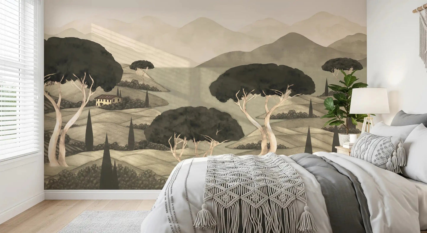Bedroom Tuscan landscape wall mural with layered hills and trees, GD8965