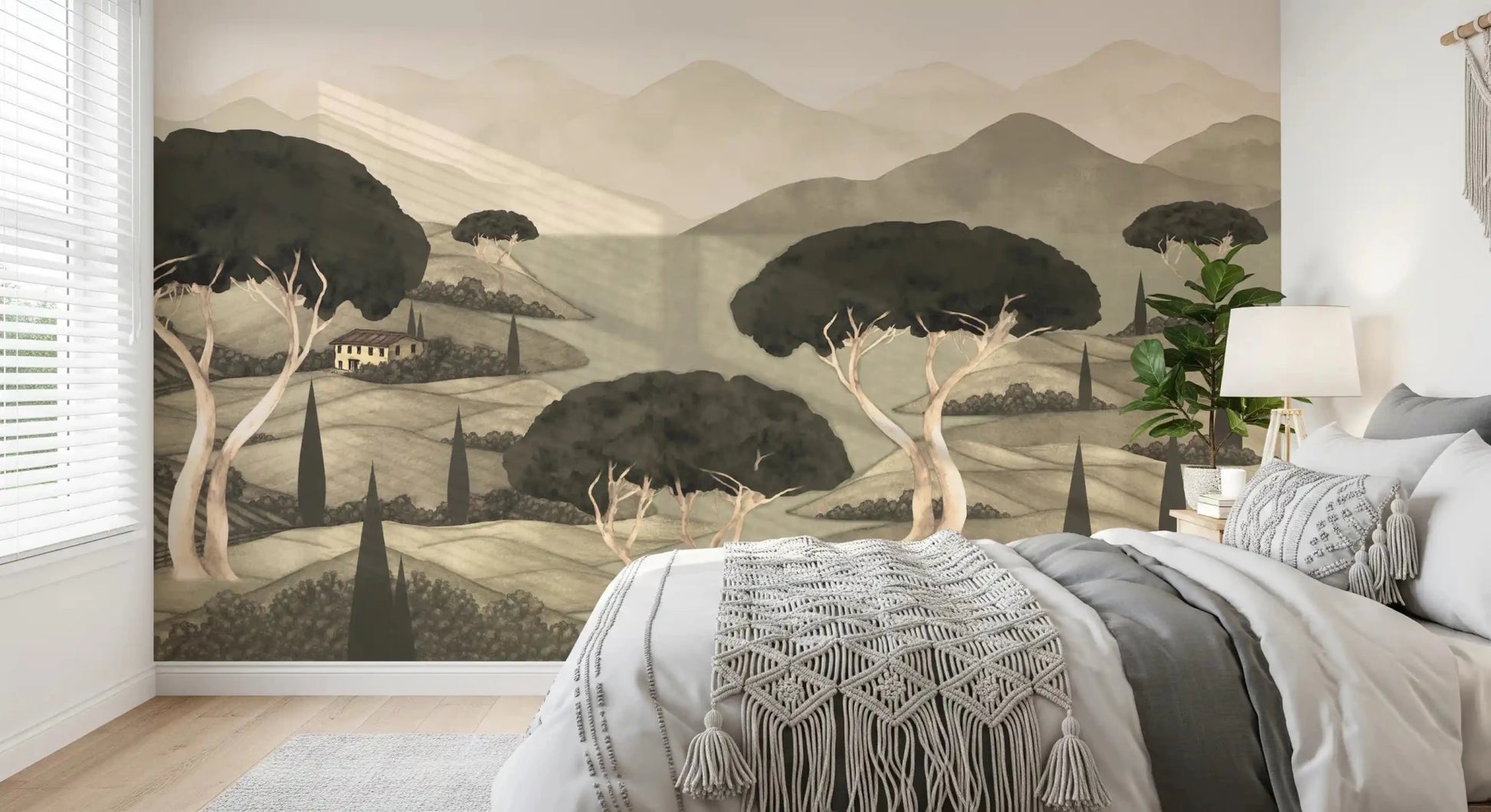 Bedroom Tuscan landscape wall mural with layered hills and trees, GD8965