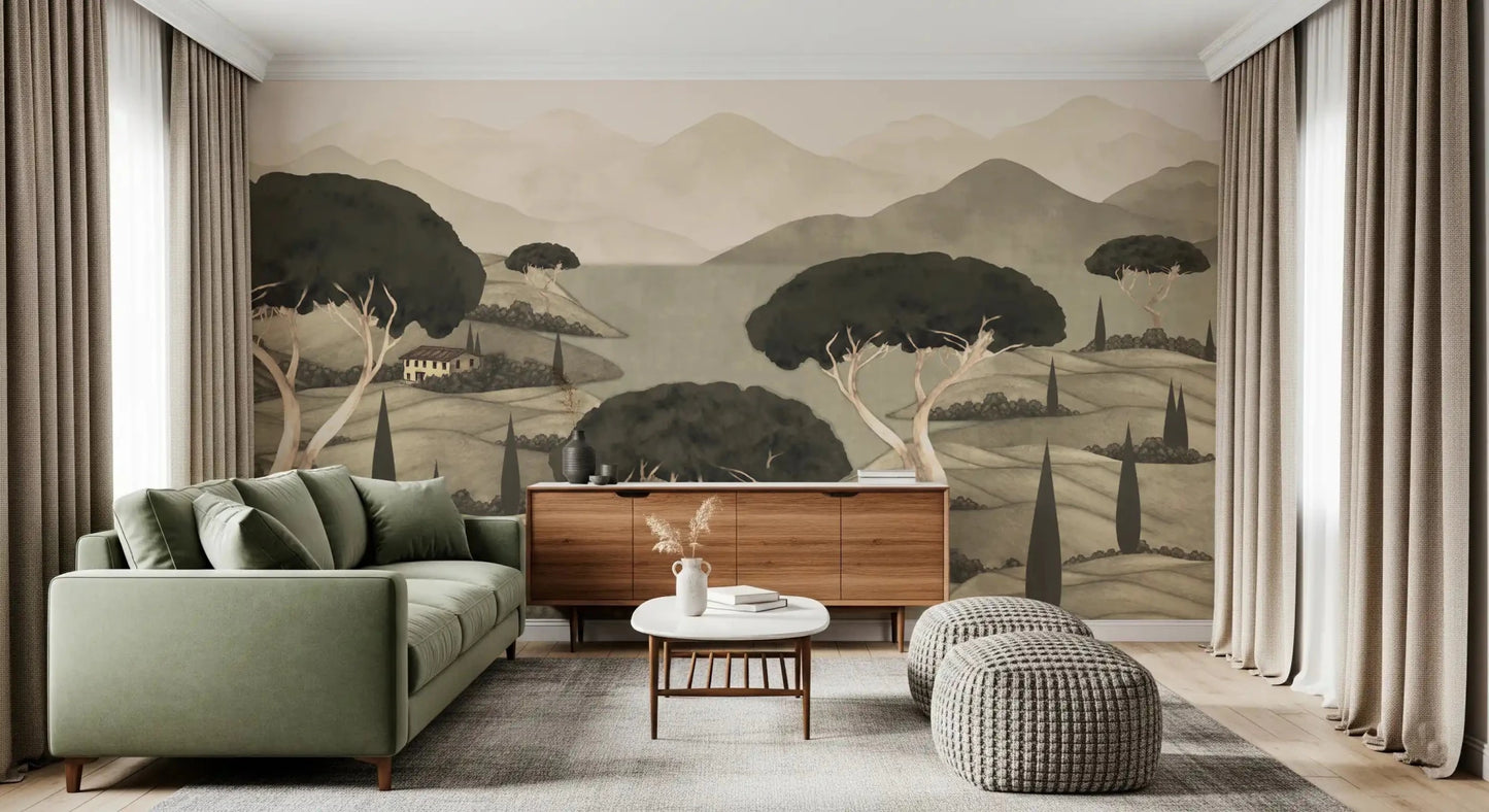 Beige mountain layers add depth to Tuscan Vista wall mural art, GD8965