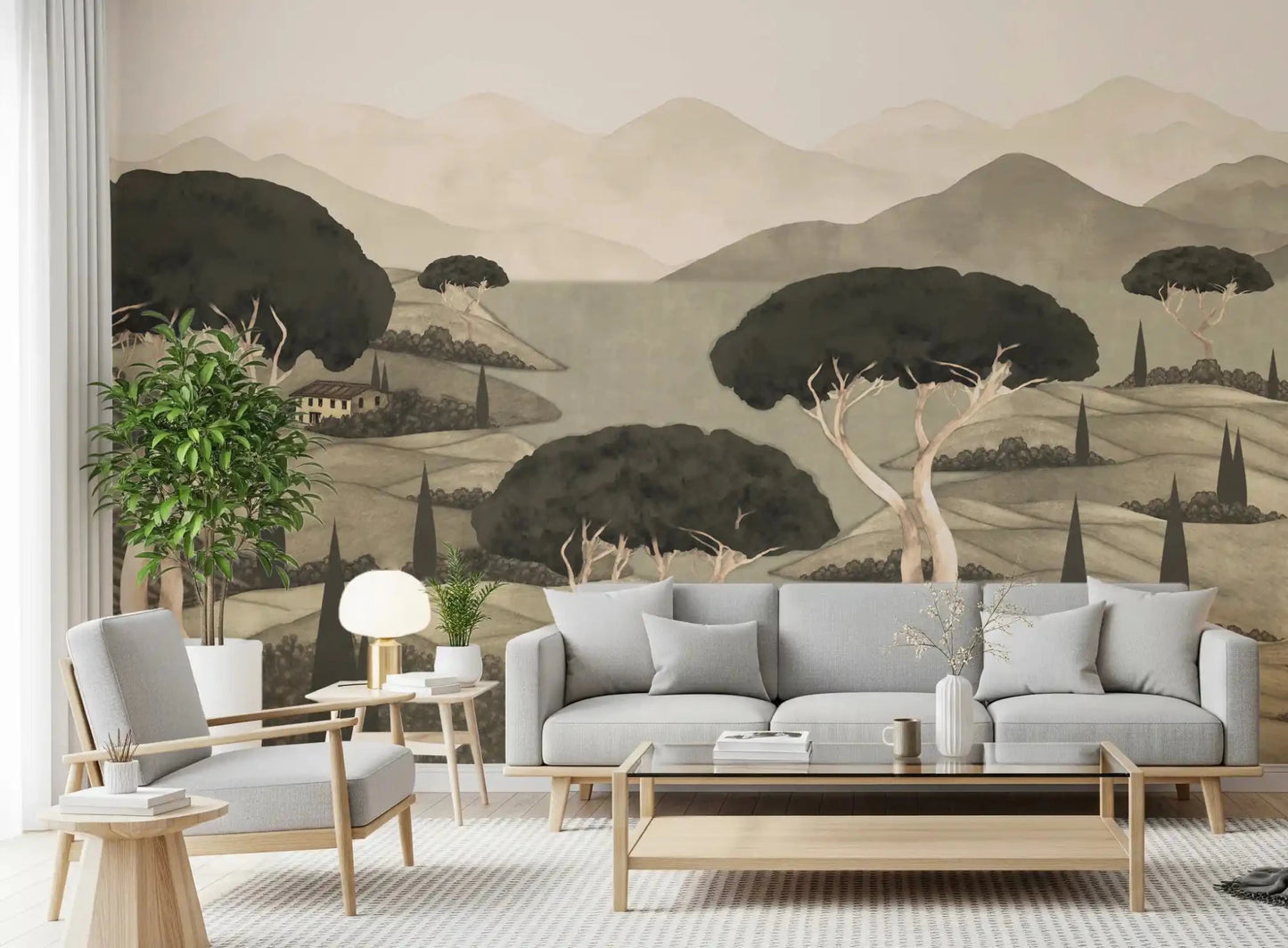 Charcoal tree shapes stand across Tuscan landscape mural design, GD8965