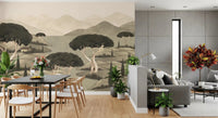 Landscape wall mural with distant hills, gray sky, and dark trees, GD8965
