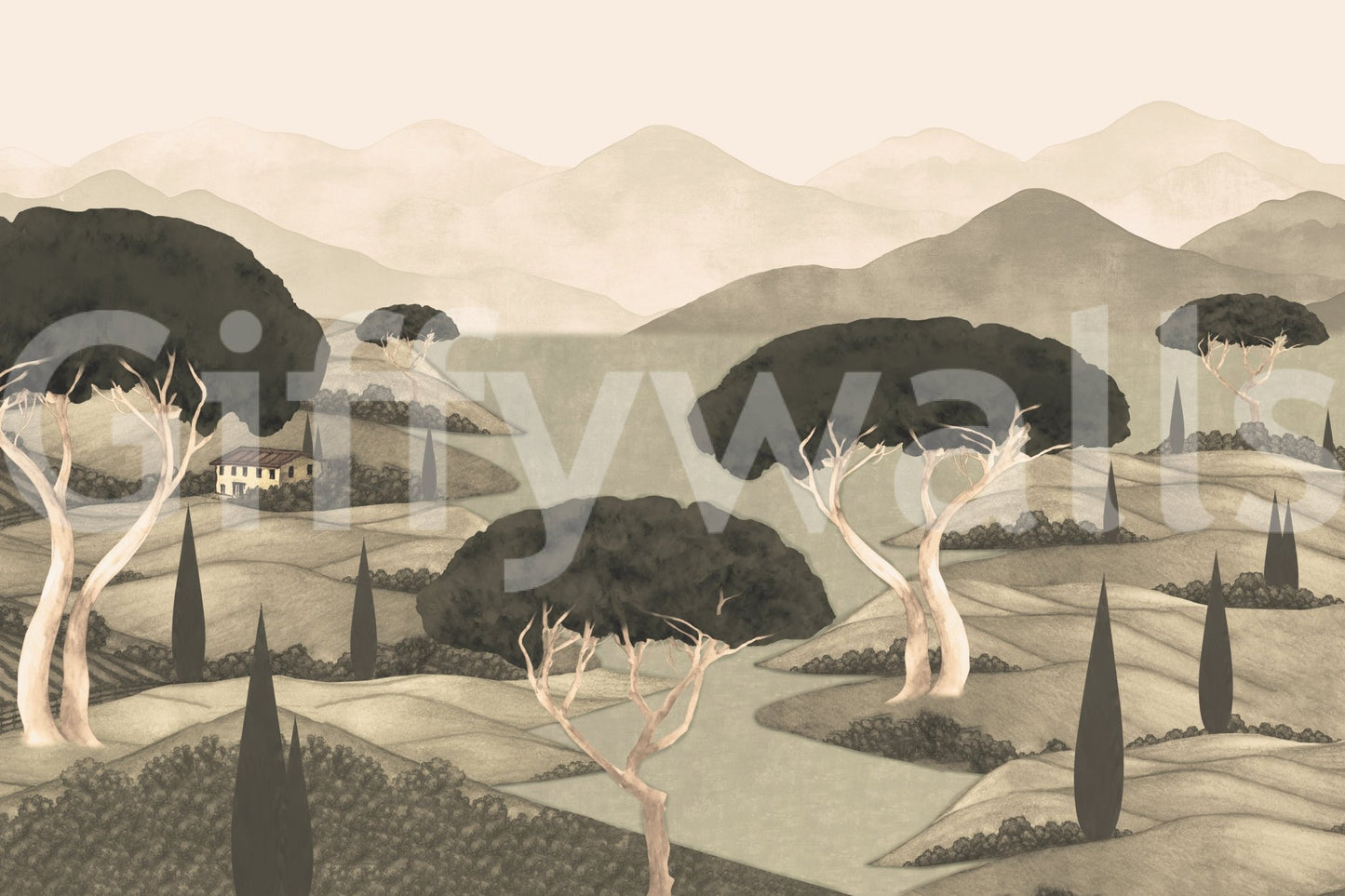 Mountain wall mural with pale hills and peaceful water movement, GD8965