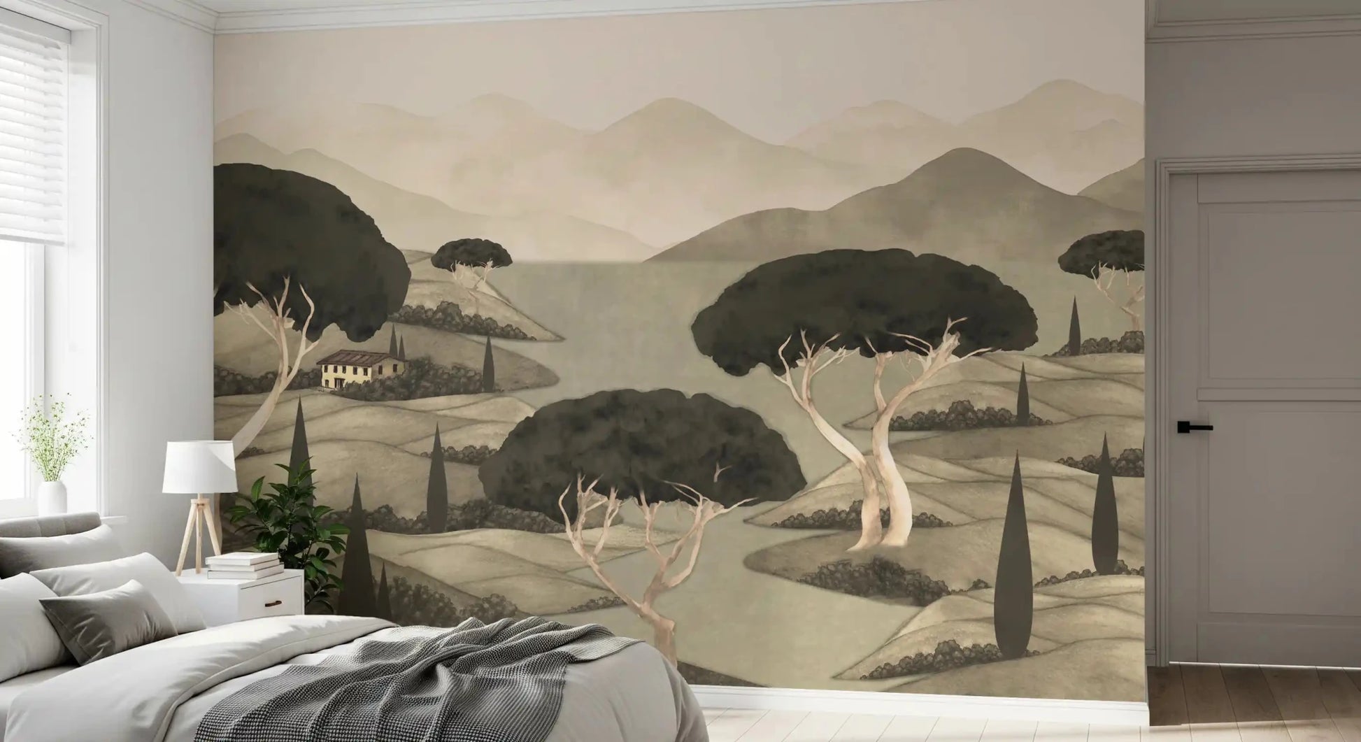 Calm water runs through Tuscan Hillside Vista countryside artwork, GD8965