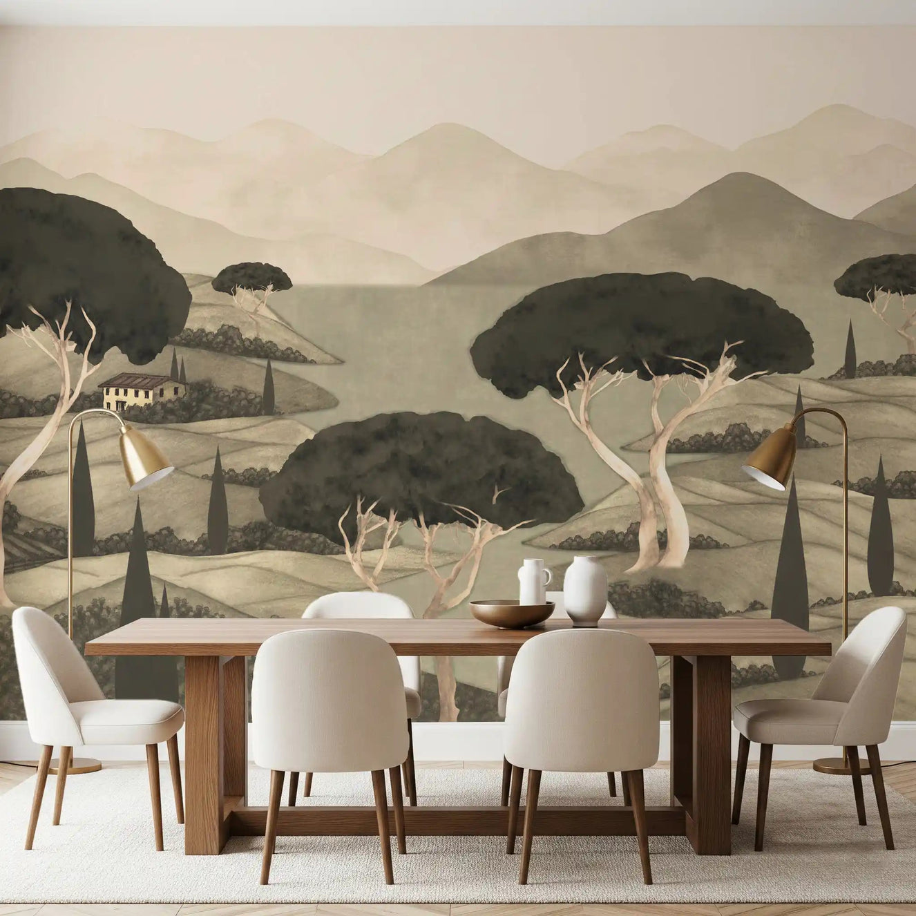 Dining room shows Tuscan Hillside Vista Wall Mural with soft lake view