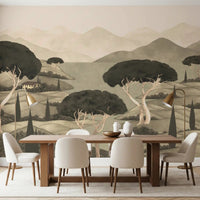 Dining room shows Tuscan Hillside Vista Wall Mural with soft lake view, GD8965