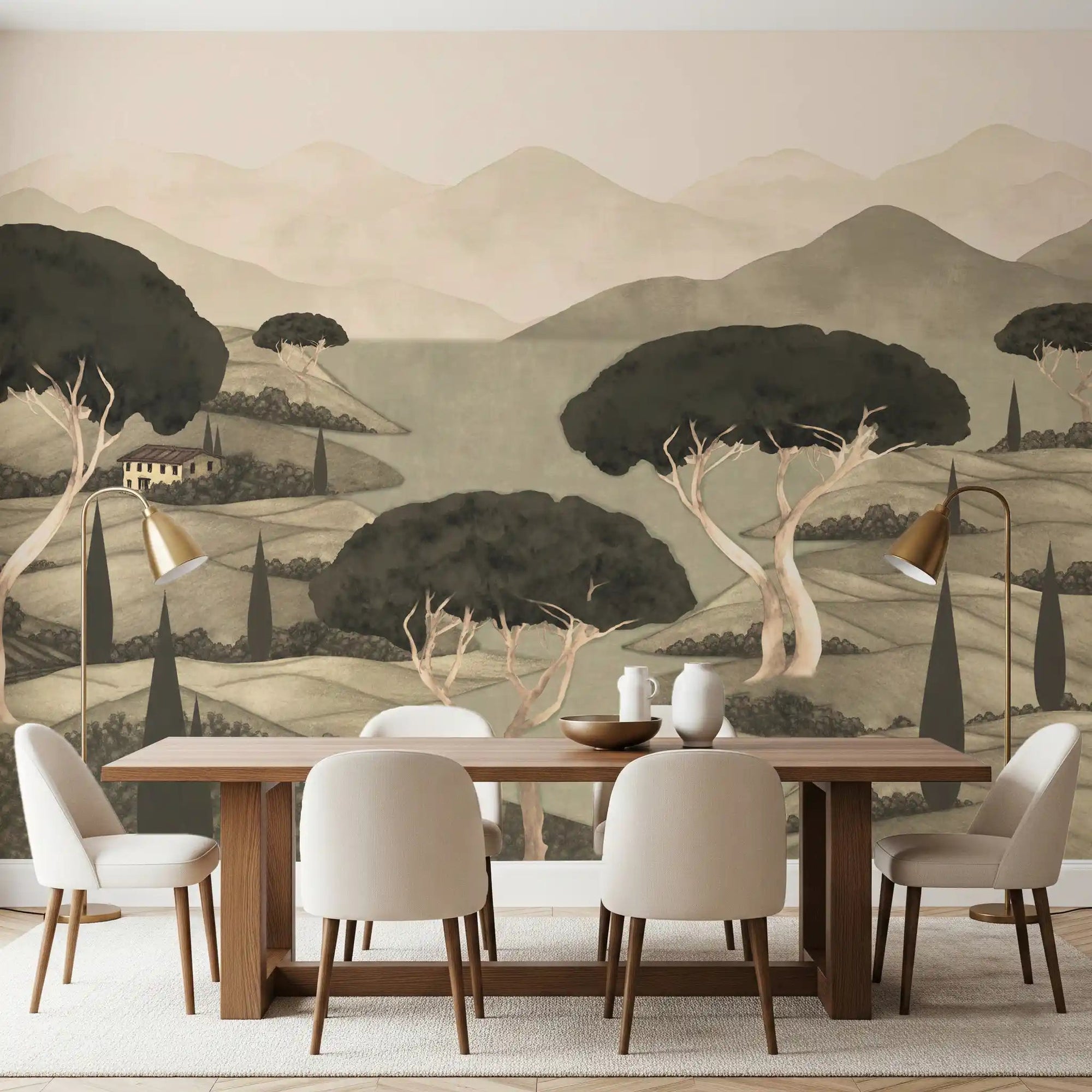 Dining room shows Tuscan Hillside Vista Wall Mural with soft lake view, GD8965