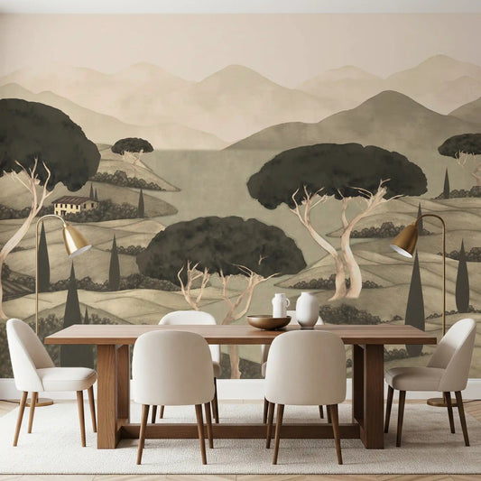 Dining room shows Tuscan Hillside Vista Wall Mural with soft lake view