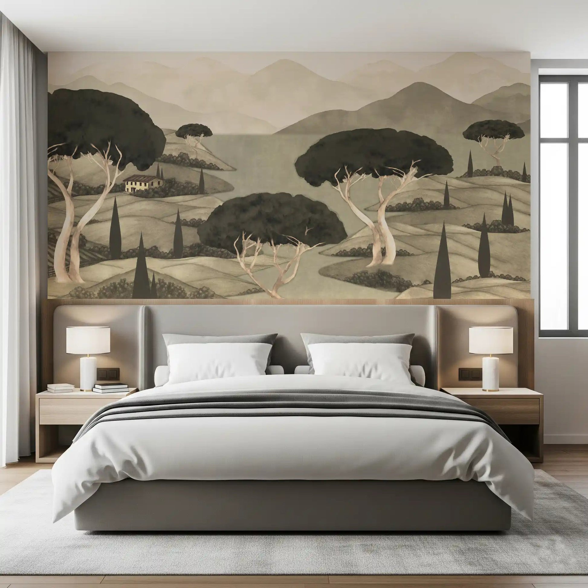 Soft cypress silhouettes define this Tuscan hillside wall mural, GD8965