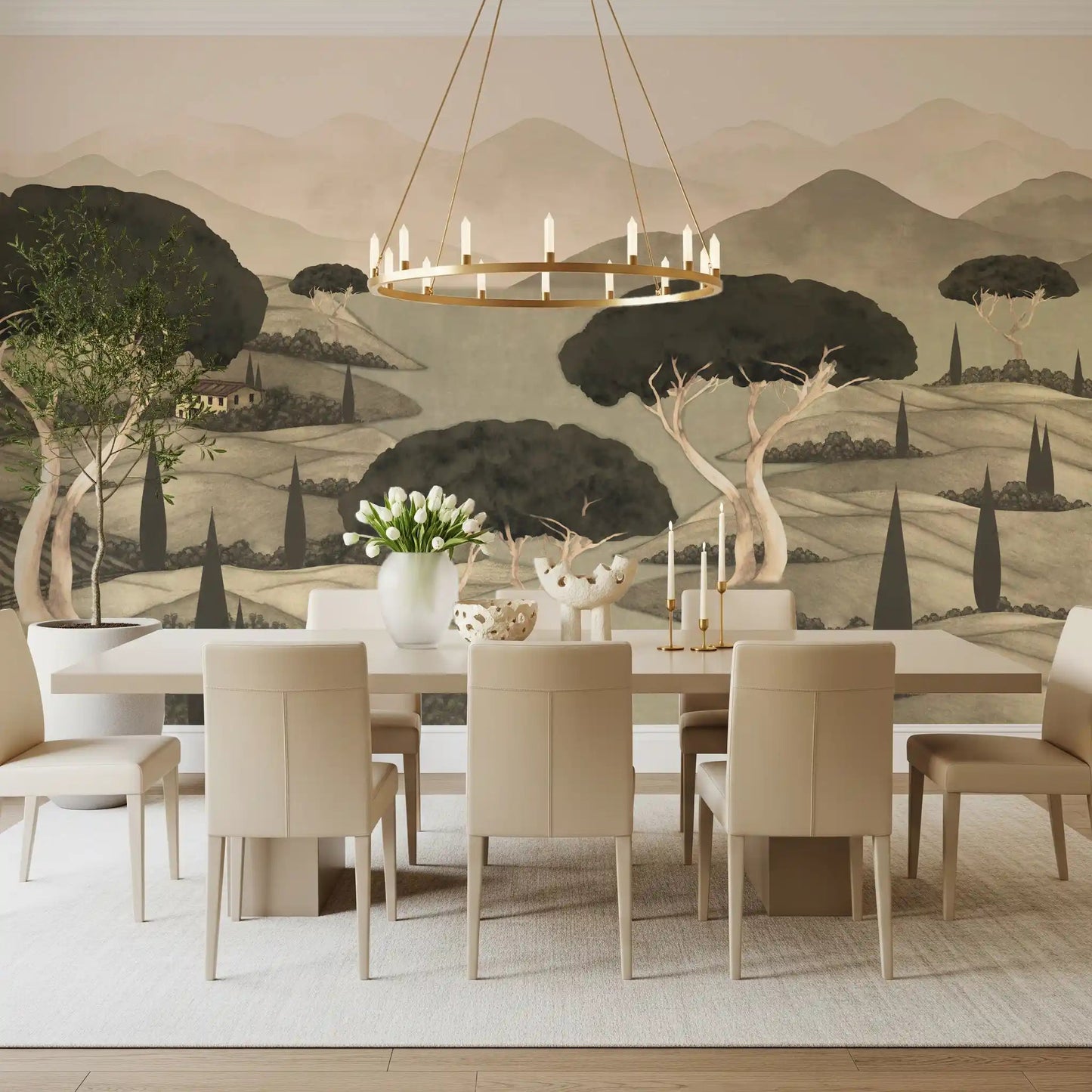 Dining space with Tuscan wall mural showing cypress and mountains, GD8965