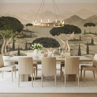 Dining space with Tuscan wall mural showing cypress and mountains, GD8965