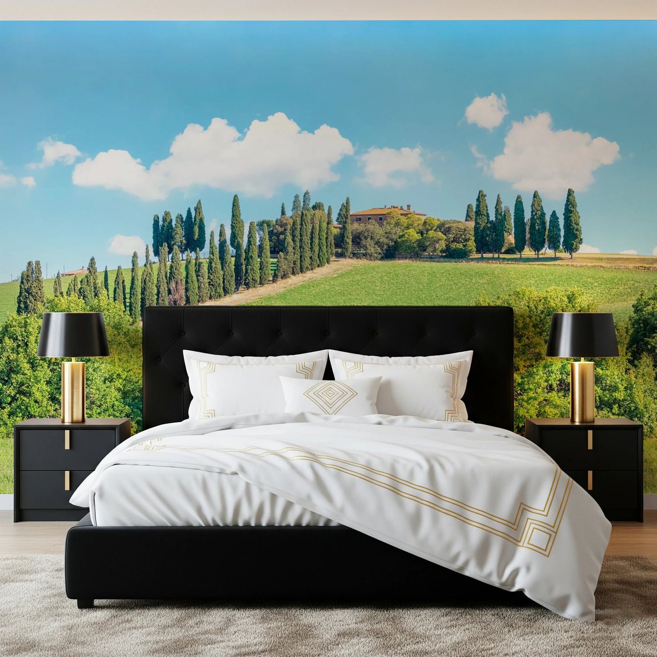 Bedroom styled in Tuscan Hillside Wall Mural with blue sky and hillside view