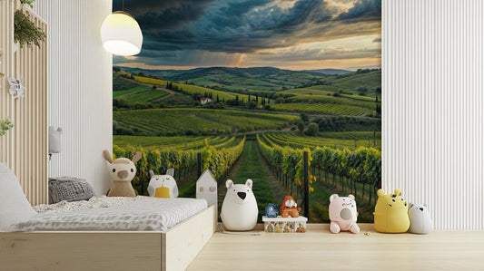 Scenic Tuscan vineyard wall mural design

