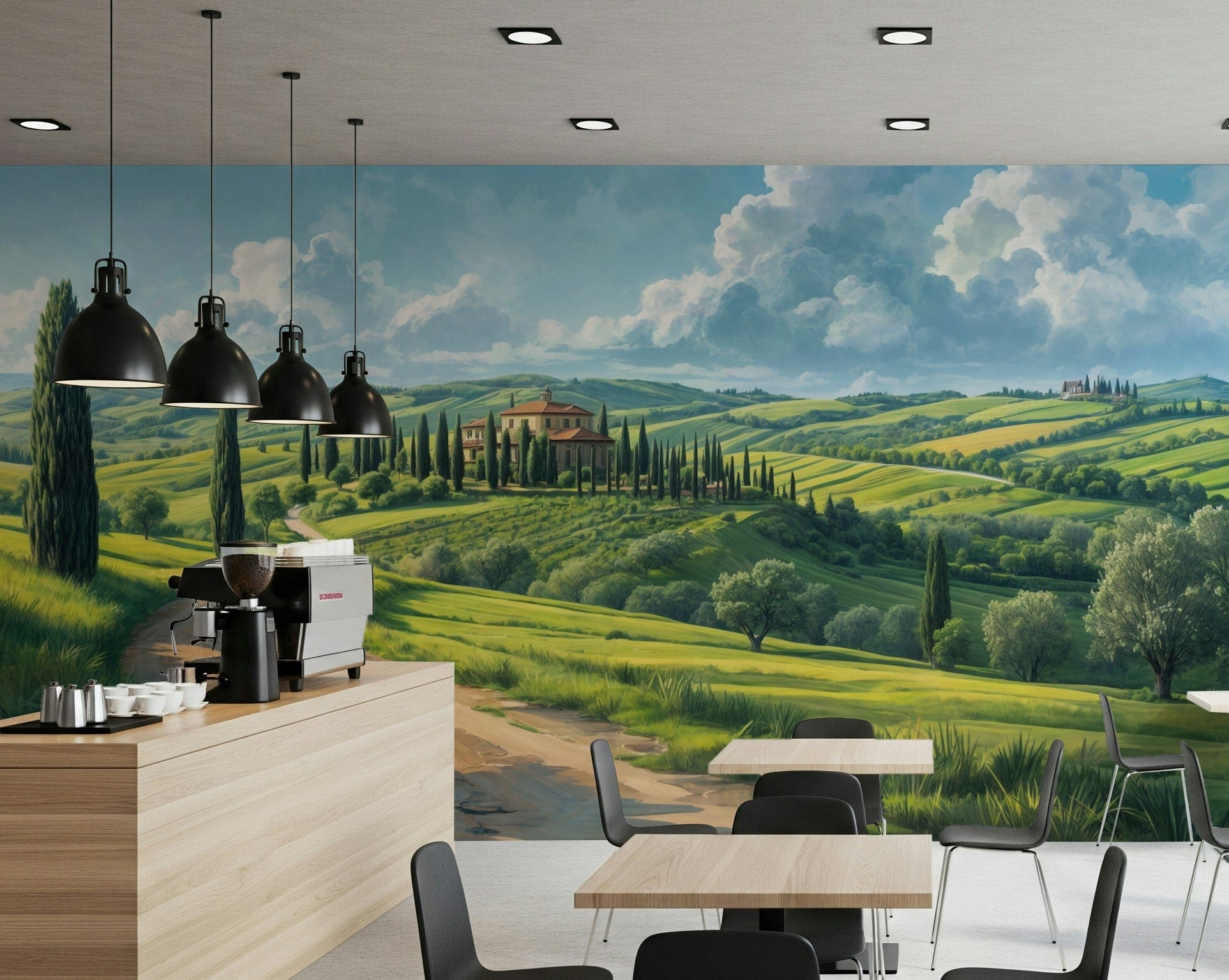 Detailed countryside mural depicting stone houses and winding paths for interiors.