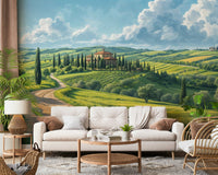 Classic Italian countryside landscape wallpaper in warm terracotta and green tones.