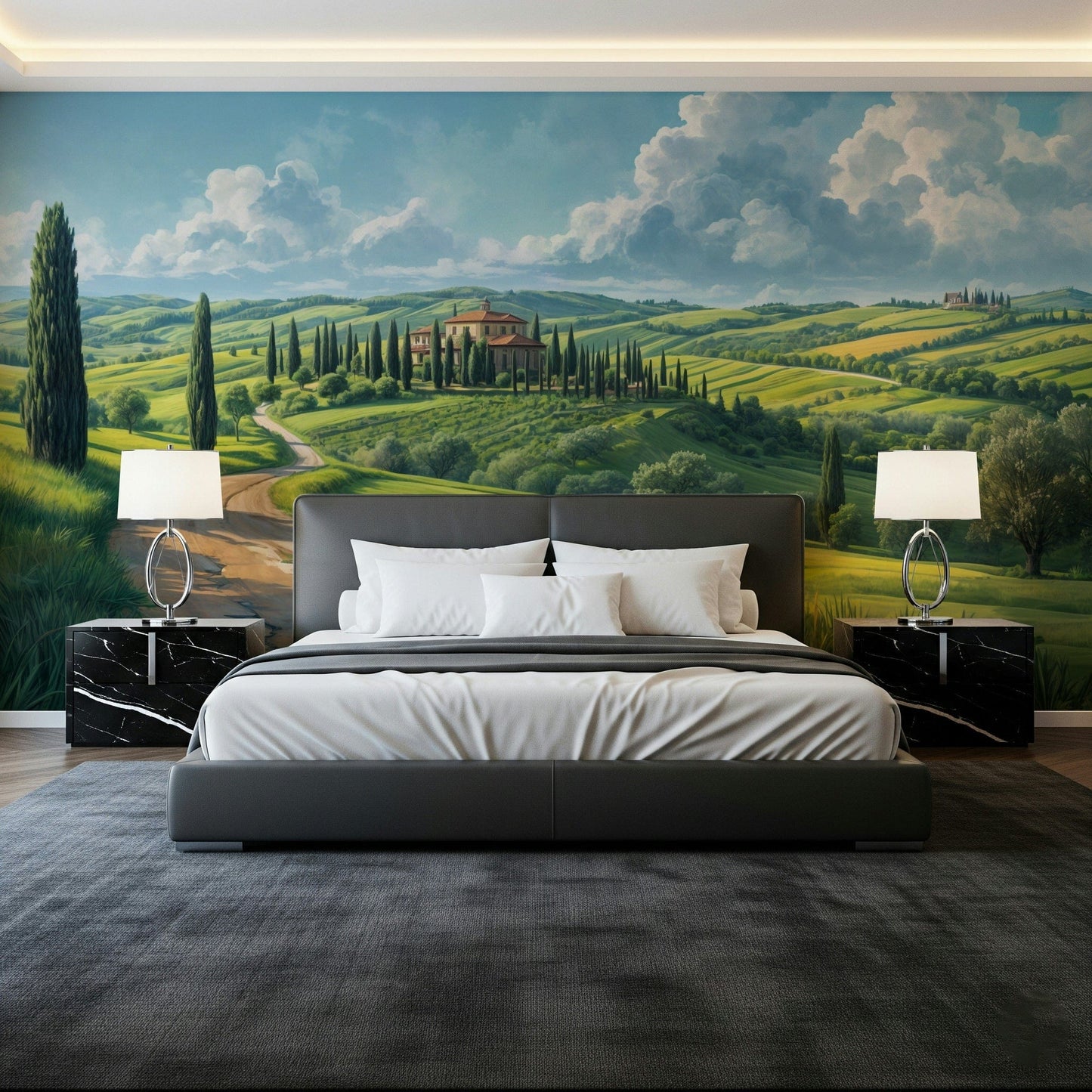 Tuscan Vista Wall Mural featuring rolling hills and cypress trees for a bedroom wall.