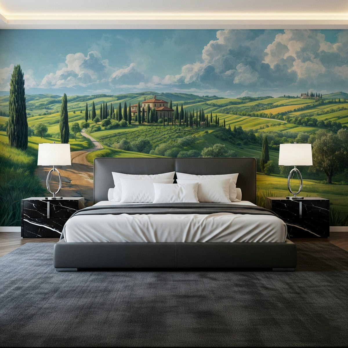 Tuscan Vista Wall Mural featuring rolling hills and cypress trees for a bedroom wall., GD7883