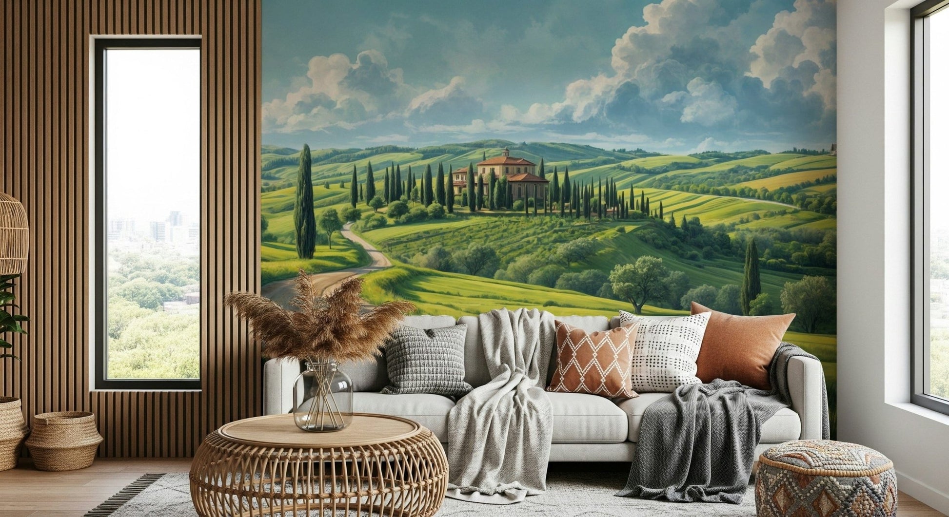 Mediterranean style landscape wallpaper for a peaceful home office background.