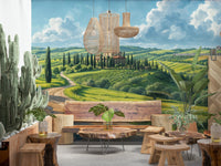 Artistic Tuscan Vista Wall Mural with soft brushstrokes for a modern guest room.