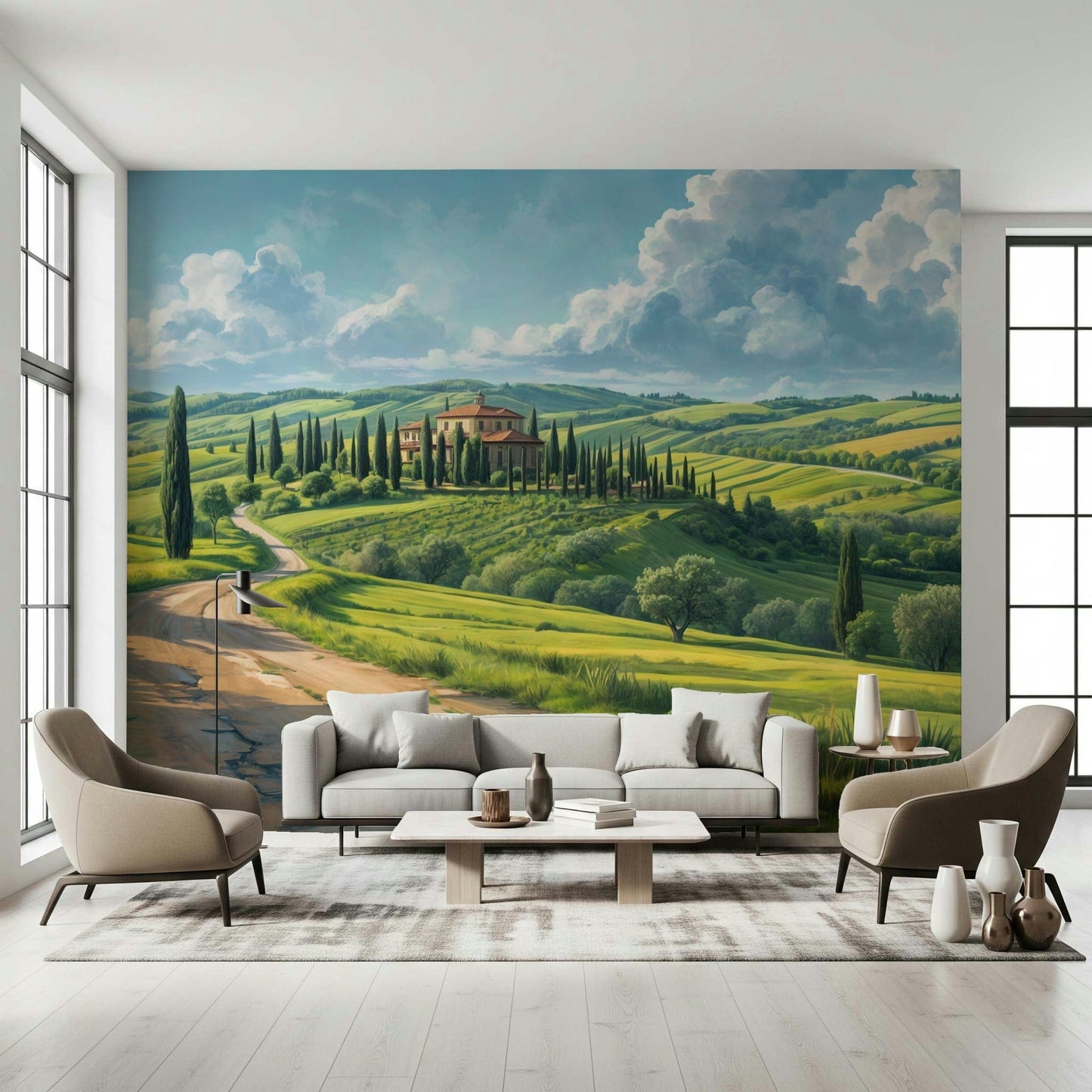 Large scale mural of a rustic villa balcony overlooking a valley in a living room.