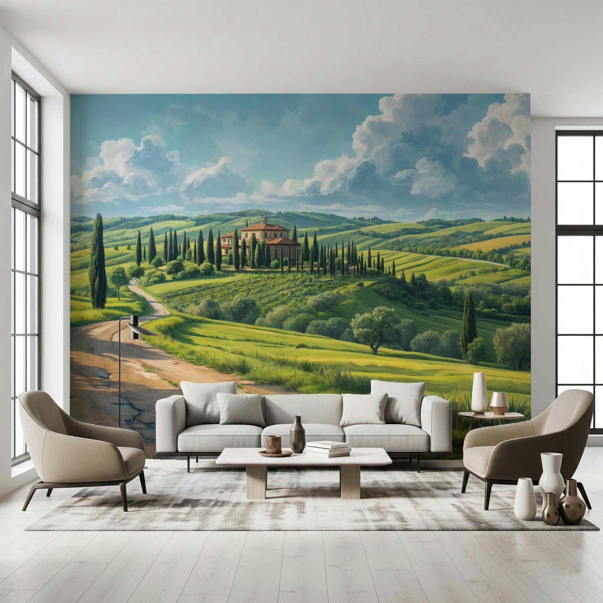 Large scale mural of a rustic villa balcony overlooking a valley in a living room.