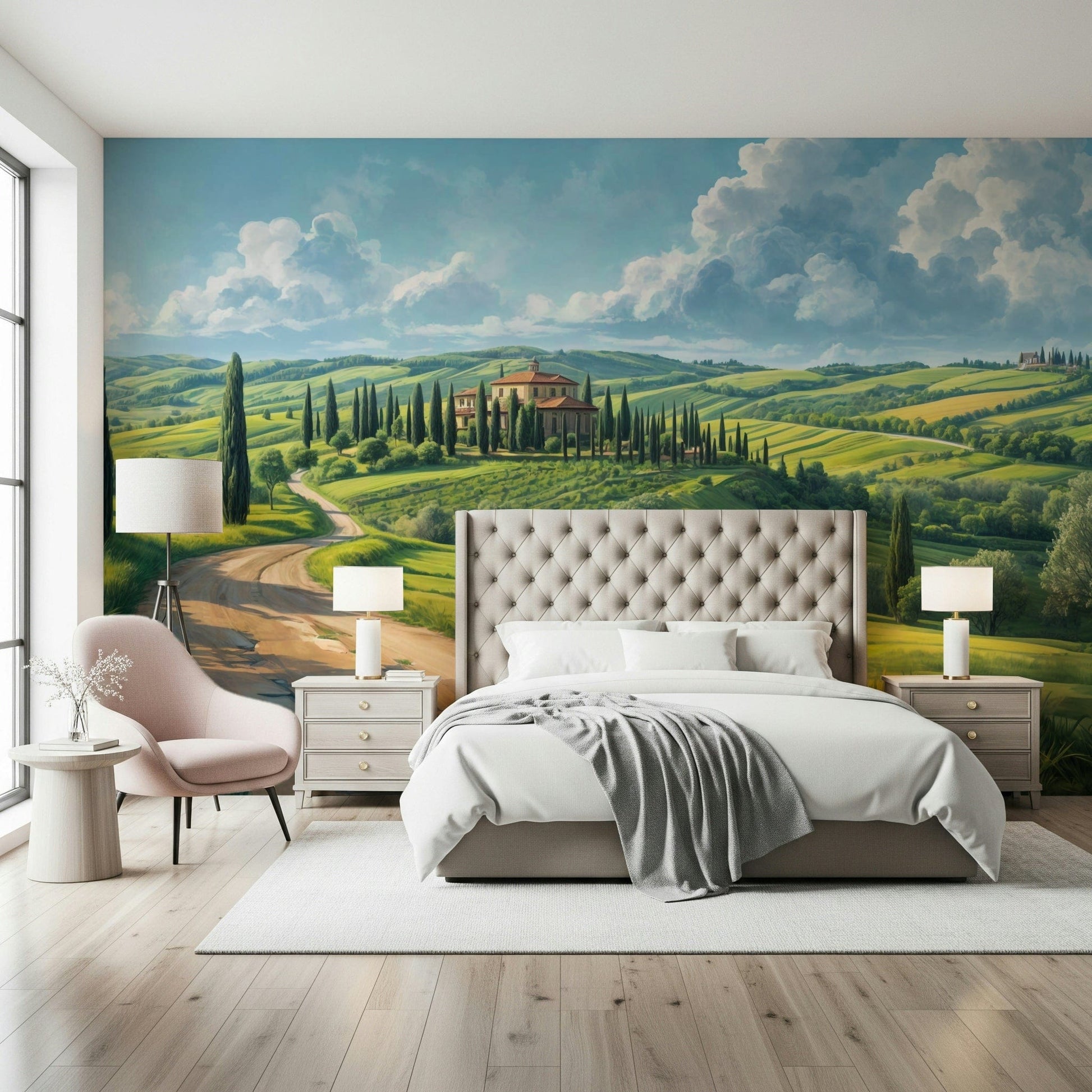 Earth-toned Tuscan Vista Wall Mural for a traditional hallway feature wall.