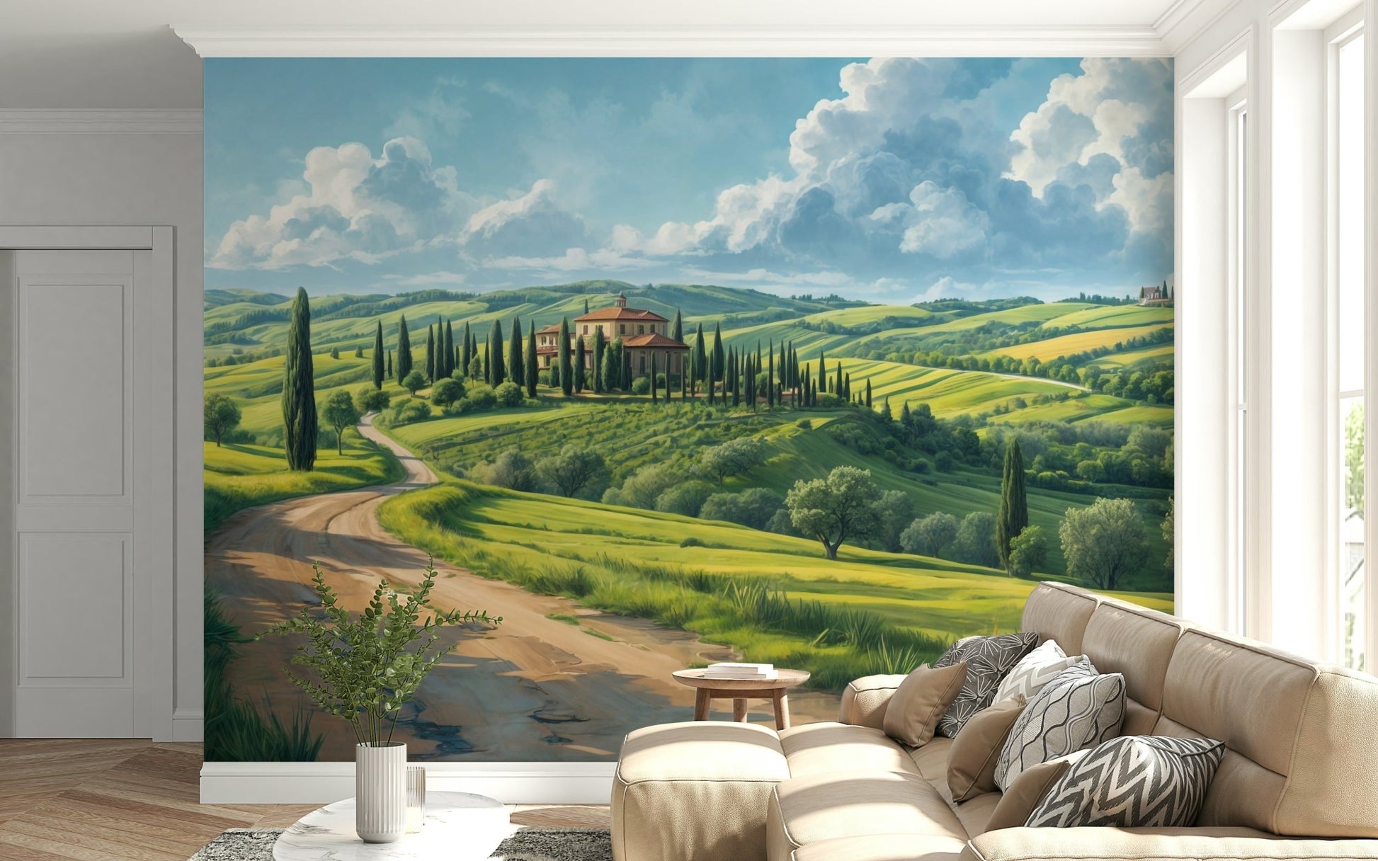 Scenic vineyard view wall mural for a sun-drenched dining room area.