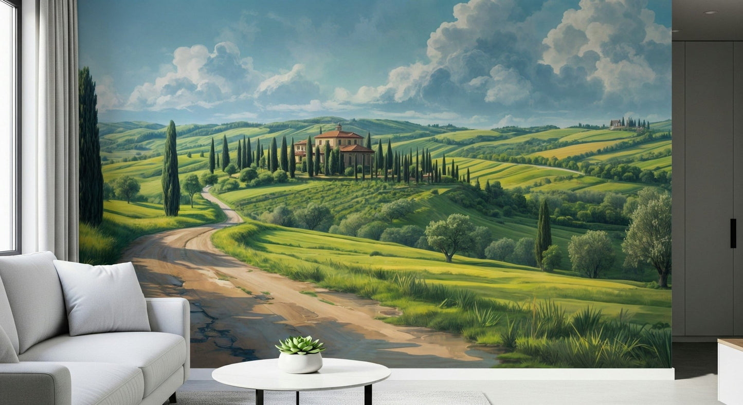 Peaceful rural scenery wallpaper mural with soft golden hour lighting for a lounge.