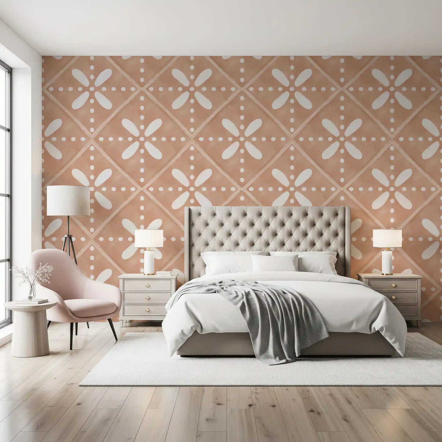 Cozy bedrooms gain old-world character from this Tuscan cotto tile wallpaper.GD9589
