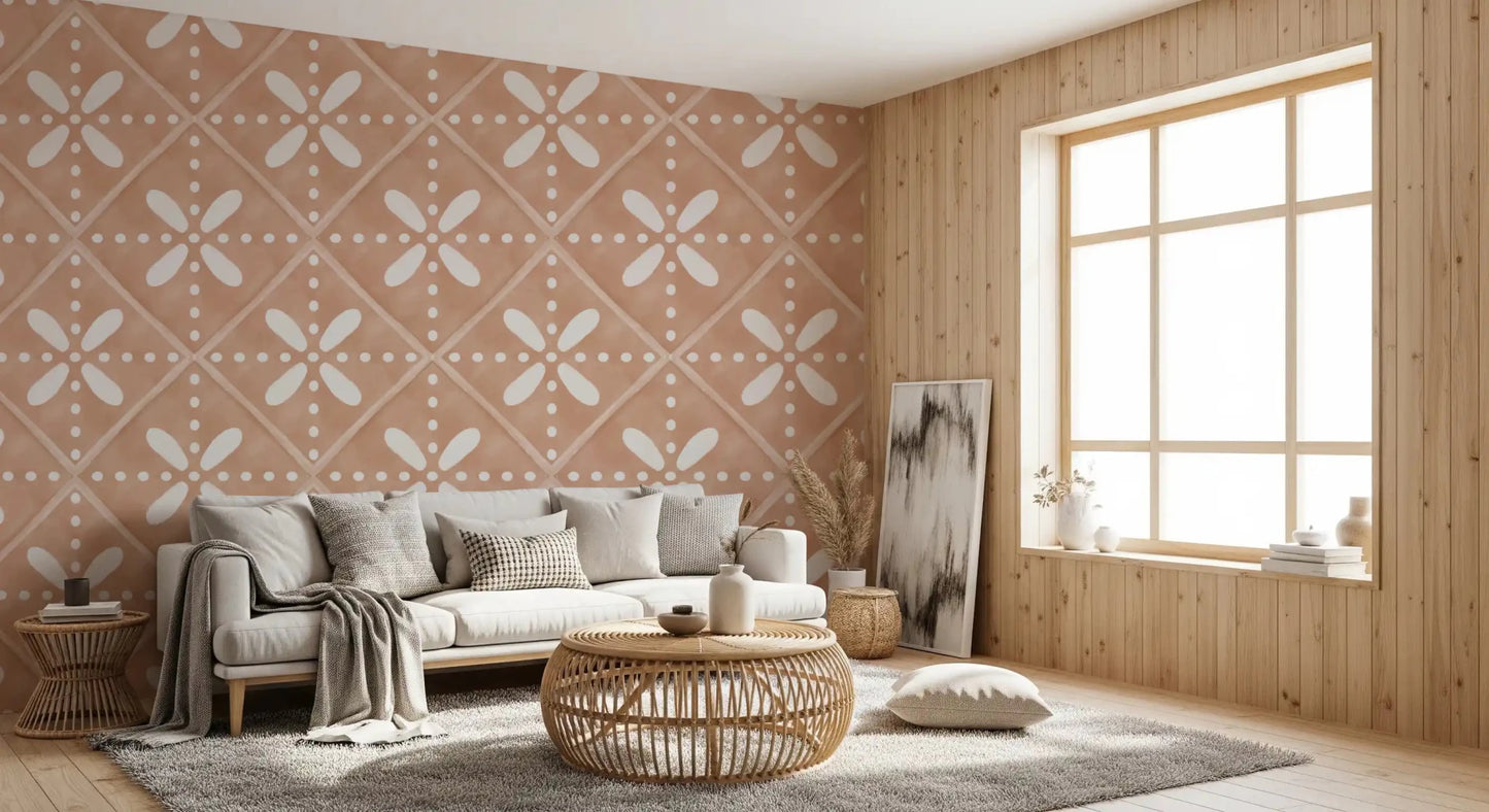 Living room corners brighten gently against this Tuscan bloom cotto wallpaper.GD9589