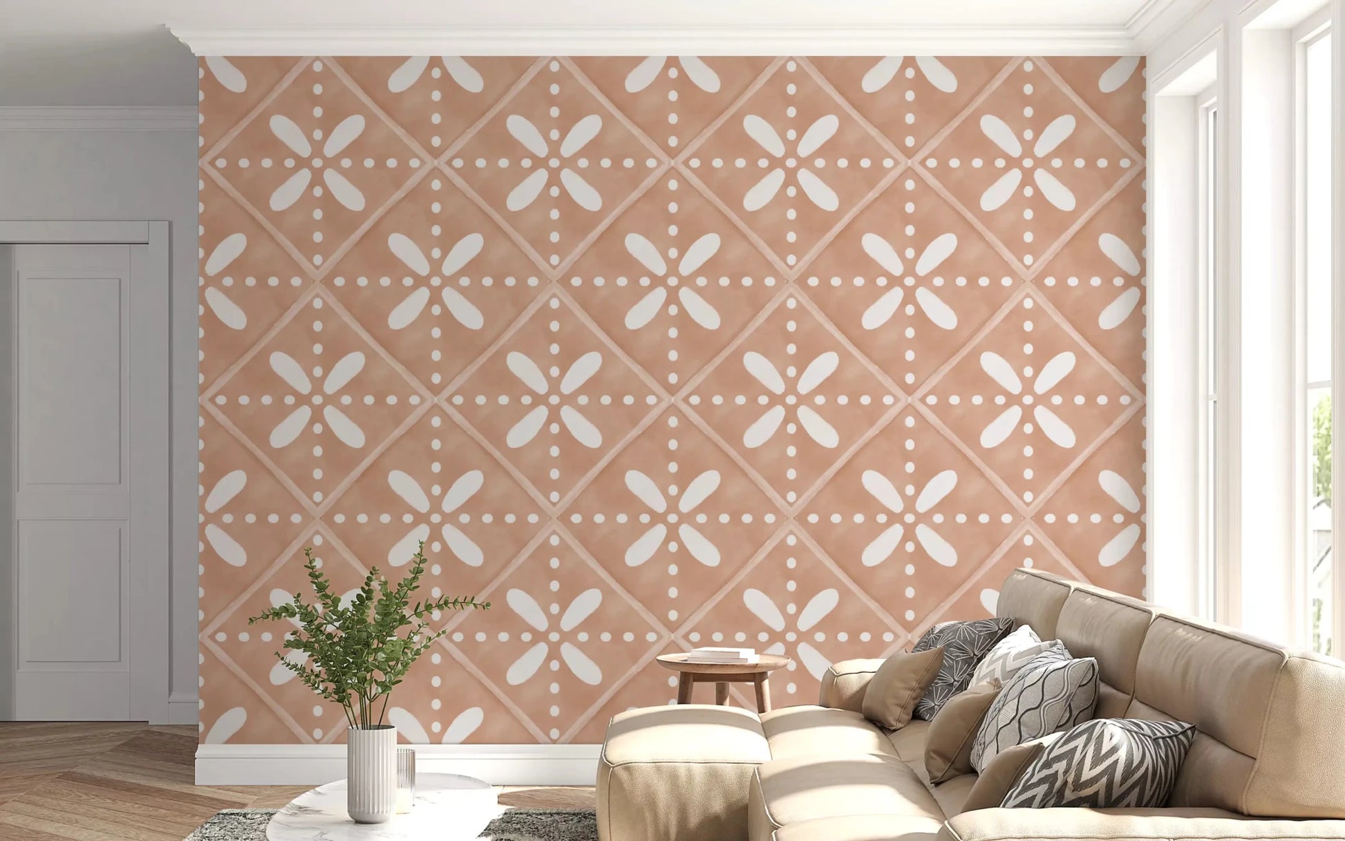Bone-white petals form a balanced cross in each tile of this terracotta bloom wallpaper.GD9589